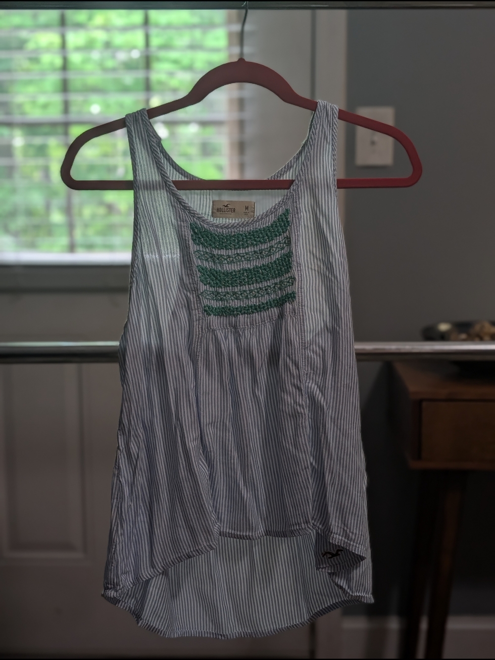 Hollister Blue and White Striped Tank with Green Crochet Detail
